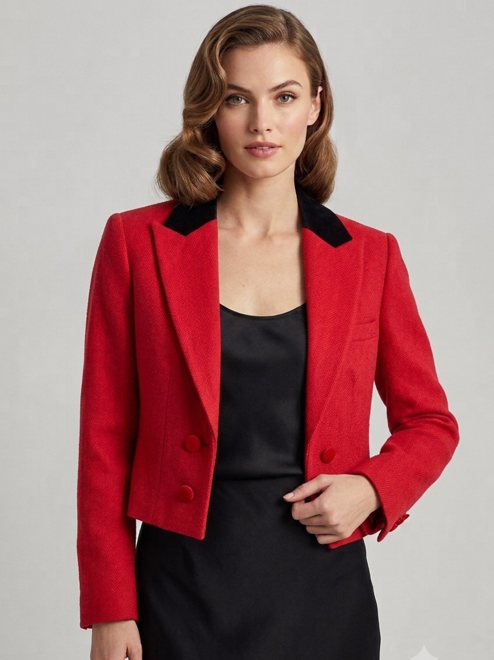 Vintage Ralph Lauren Jacket Riding Red Cropped Wool Blazer Black Velvet Size 14